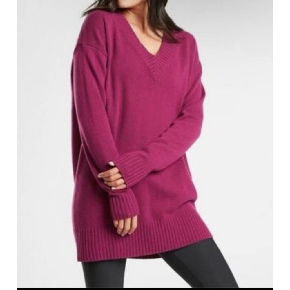 Athleta Magenta V Neck Wool Cashmere Blend‎ Sweater Tunic Oversize Sz XS (Flaws)